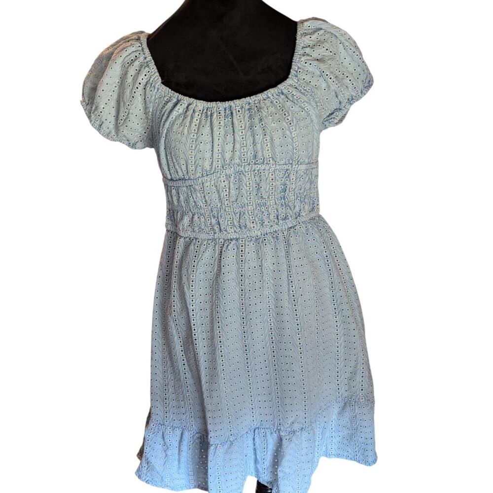 SIM & SAM Light Blue Eyelet Mini Dress Boho Cottagecore  M